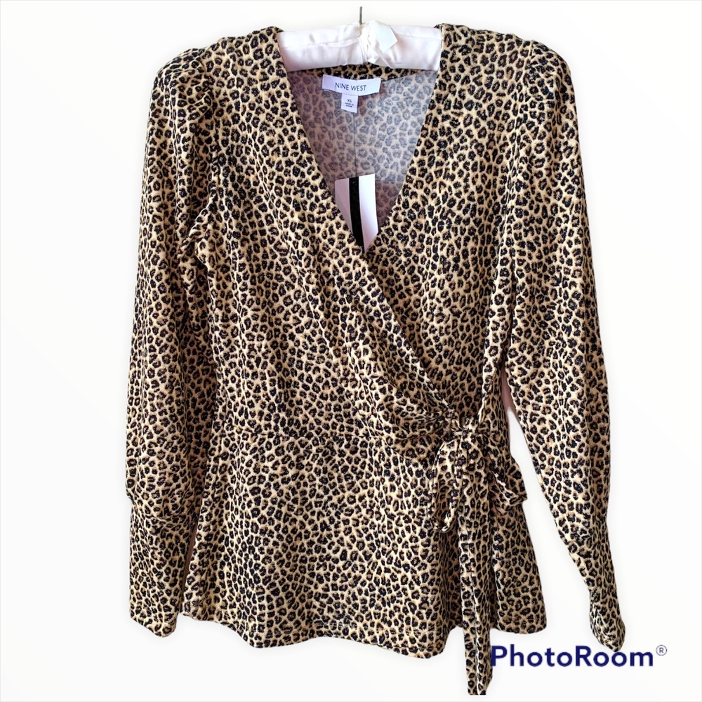 Nine West Cheetah Long Sleeve Top Side Tie at Hip Size XS NWT